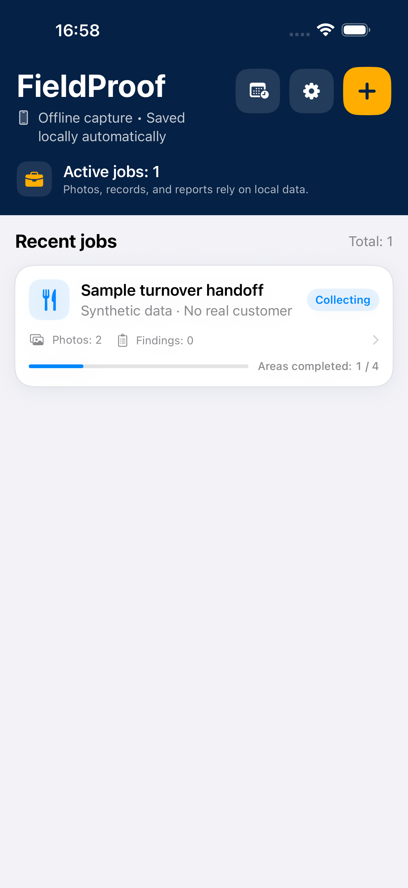 FieldProof iOS home showing a sample job with synthetic data