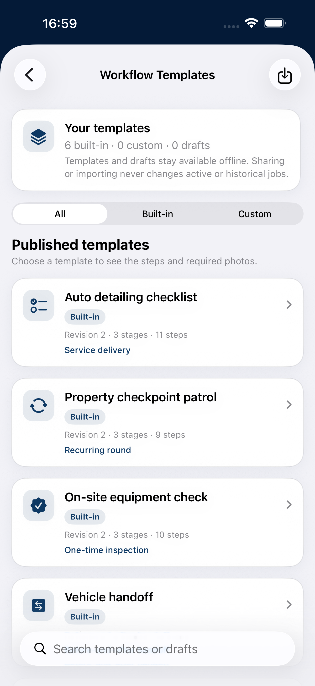 FieldProof iOS workflow template library with service delivery, rounds, and inspection templates