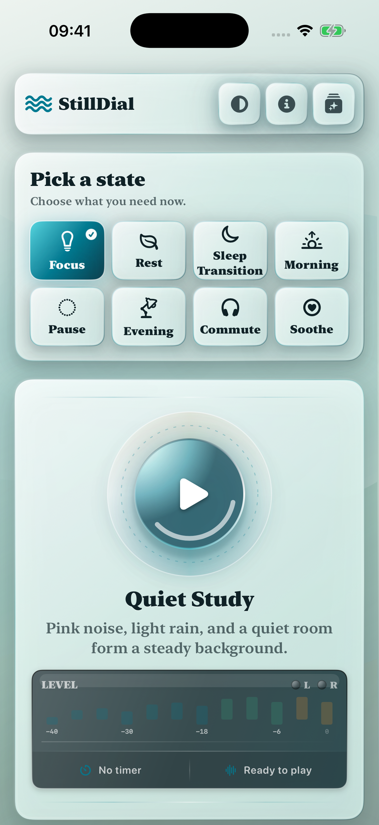 StillDial iOS app showing listening states and the Quiet Study soundscape